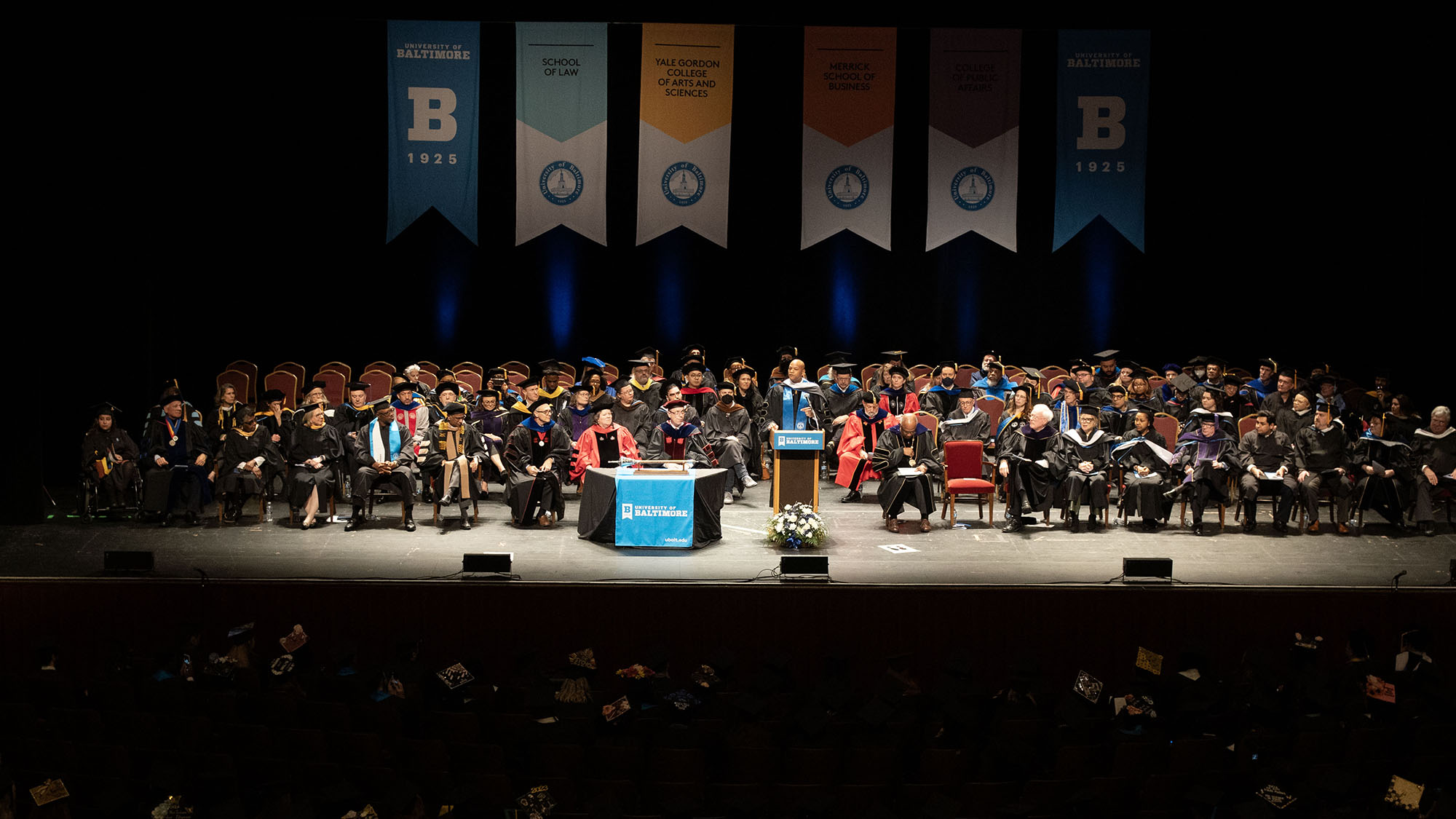 The 2024 commencement ceremony looking at the stage from the audience perspective. 