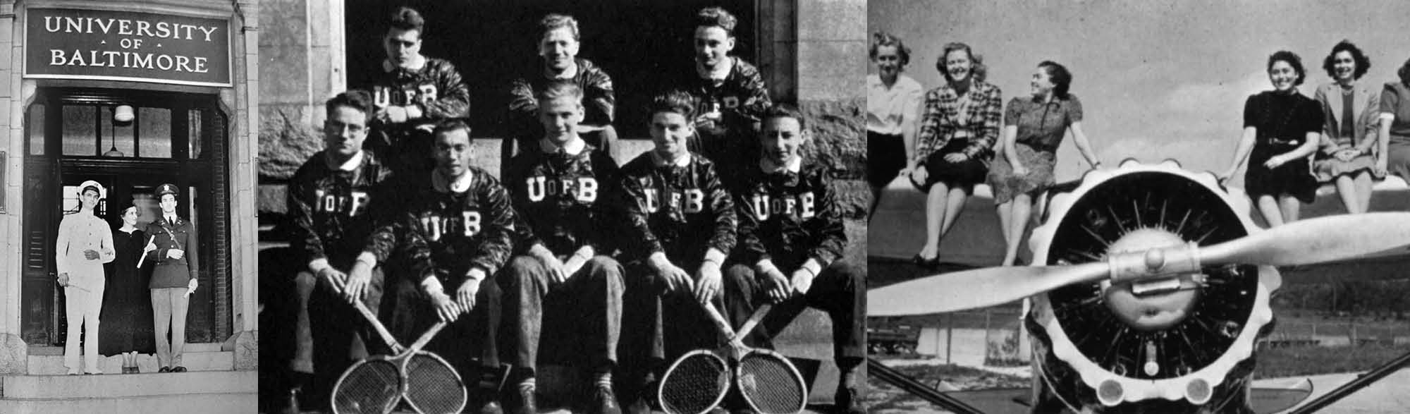 A collage of black and white images from the University's first 25 years, including a wartime graduate, a tennis team and women on an airplane.