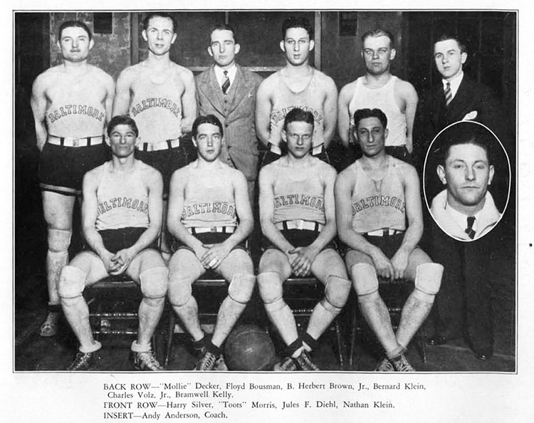 Team photo of UBalt's first basketball team