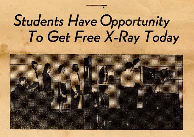 a newspaper clipping shows students waiting for x-rays