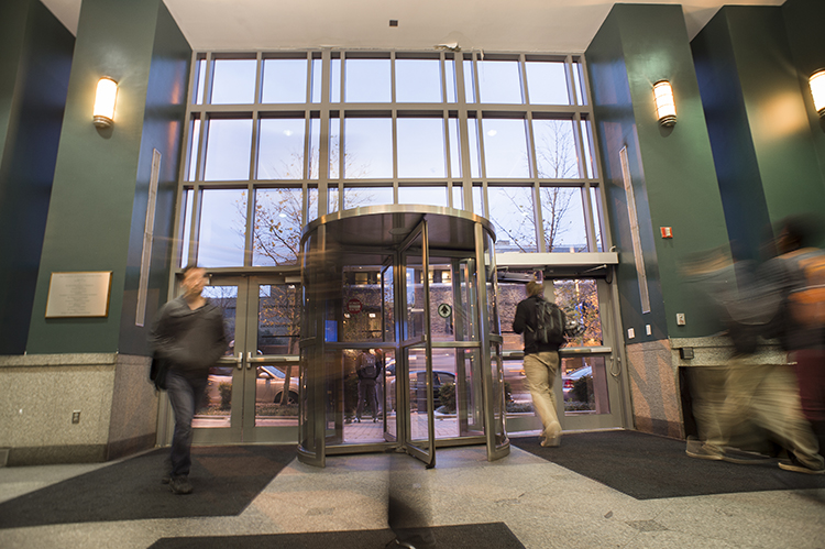 Looking toward the front entrance of the Business Center from inside