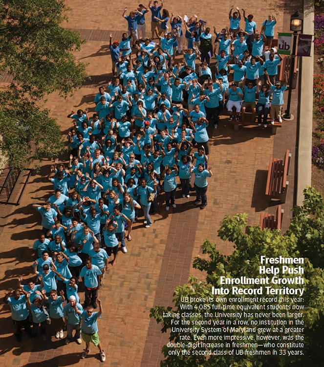 A page from a 2008 UBalt Magazine shows an aerial view of the freshman class posed on the Plaza.