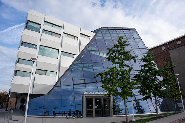 An exterior view of the front entrance of the Robert L. Bogomolny Library.