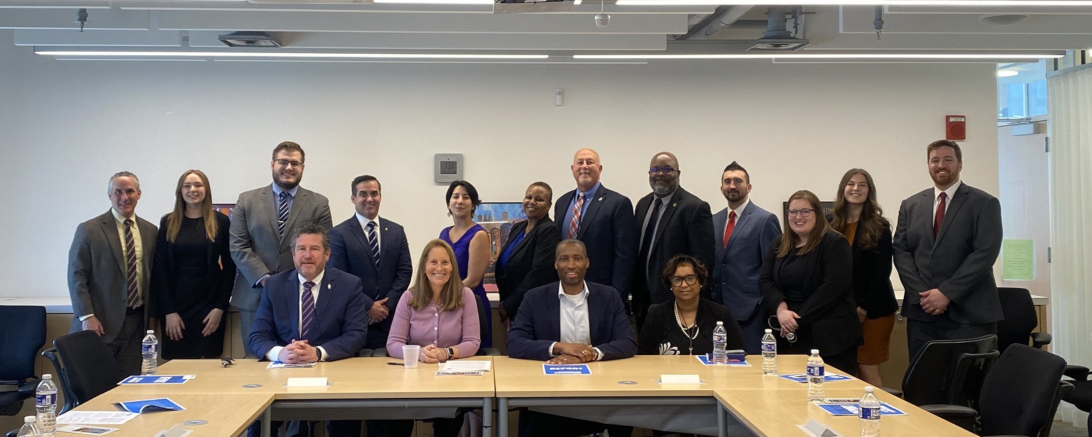 Front row: Chief Judge Morrissey, Judge Halee Weinstein, Secretary Anthony Woods (MD Dept. of VA), Secretary Carolyn Scruggs (MD Dept. of Public Safety & Correctional Services). Back row: Hugh McClean, and students Emily Kamp, Joshua Faulkner, Judge Geoff Hengerer, Angelina Guarino, Felicia Thomas.