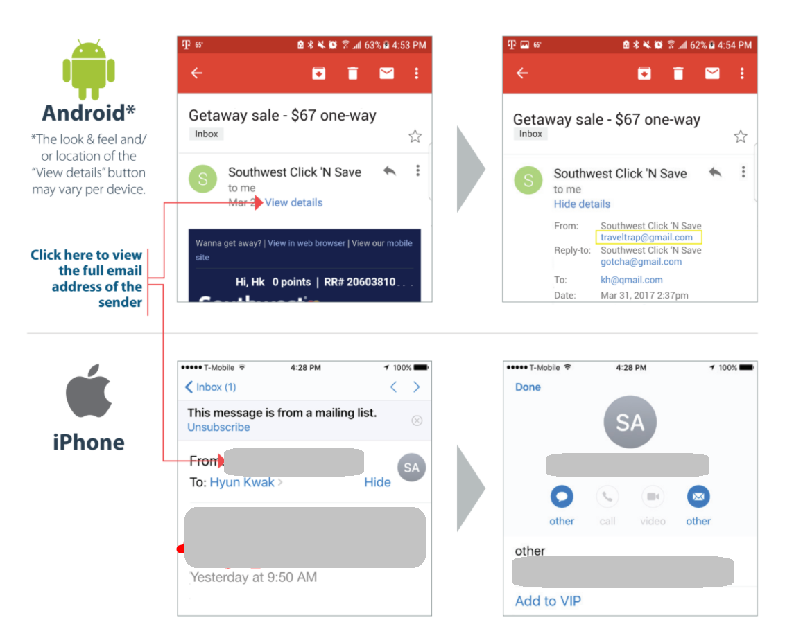 screen shots of email on android and apple phones