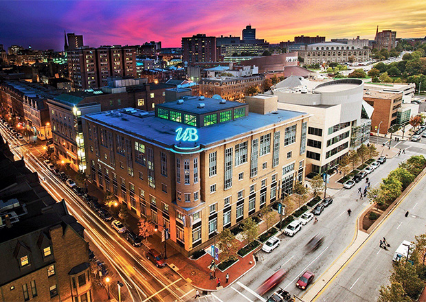 Aerial view of The University of Baltimore campus