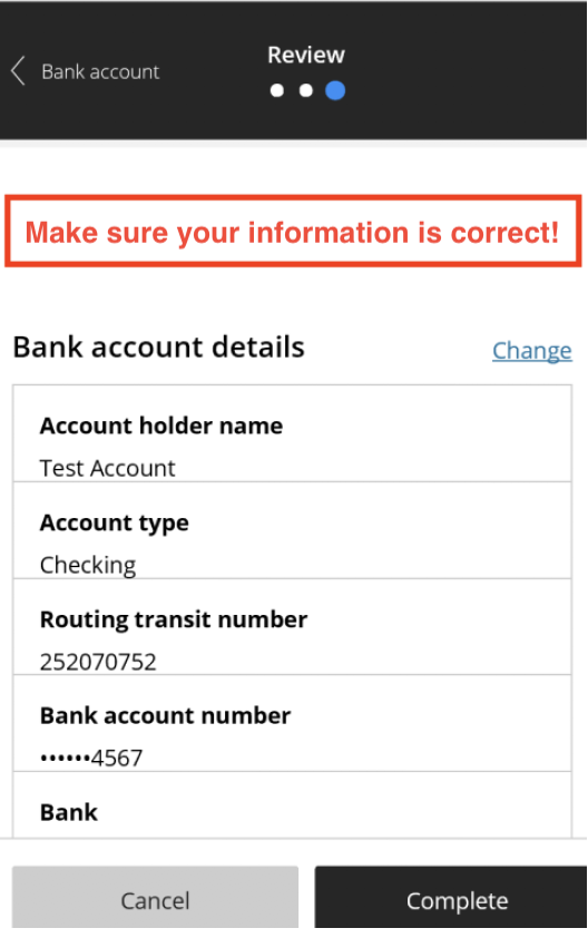 Confirm and complete your bank account information