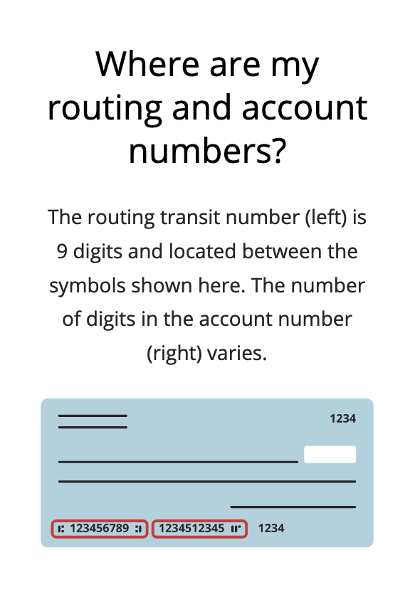 The routing transit number is 9 digits. The number of digits in the account number varies