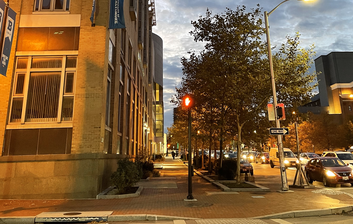 Charles St. and Mt. Royal Ave. in the evening